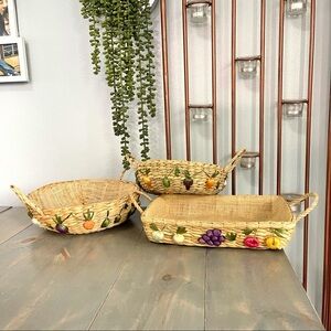 Vtg Rafia Woven Rattan Double Handle Basket Set